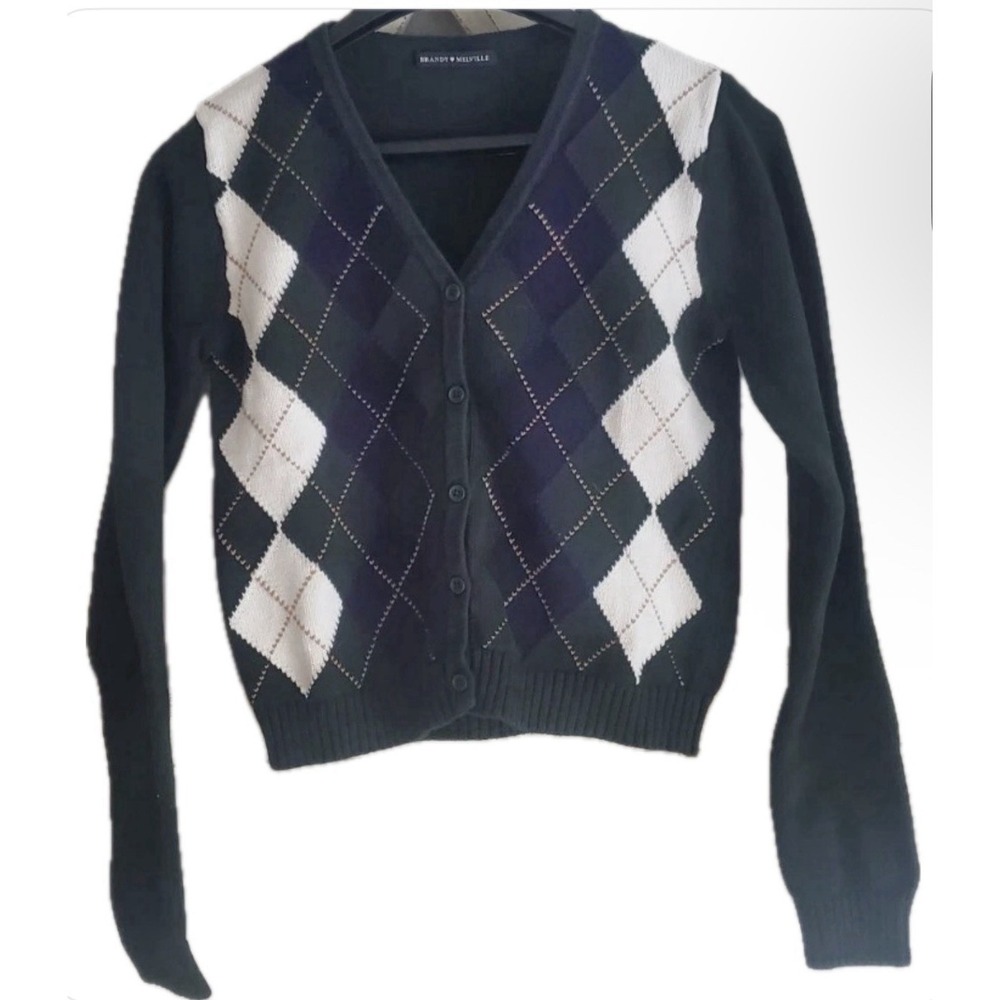 Brandy Melville Academia Argyle Cropped Cardigan Sweater Grandpacore Preppy EUC
